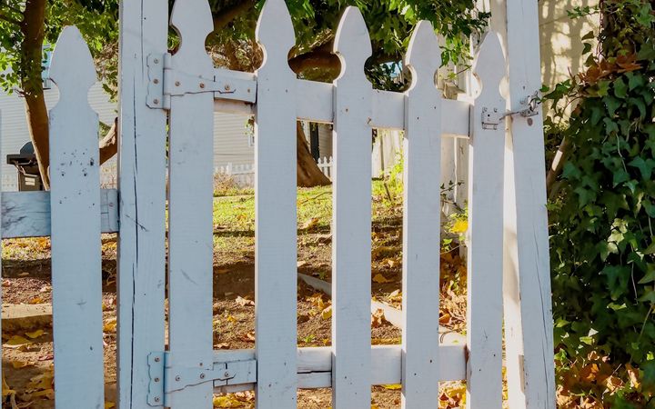 White wood picket gate with black hinges, garden behind